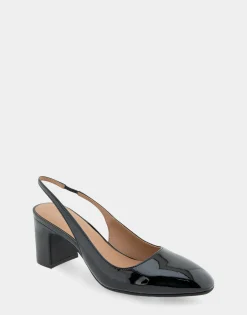 Comfortable Women's Slingback Mid-heel Pump in Black Patent Faux Leather