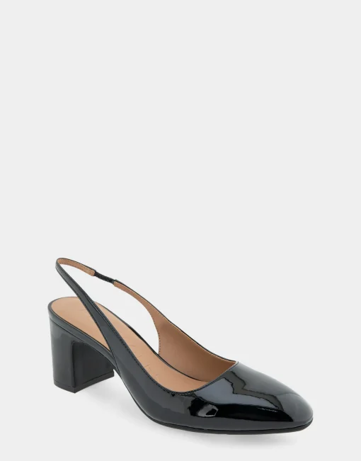 Comfortable Women's Slingback Mid-heel Pump in Black Patent Faux Leather