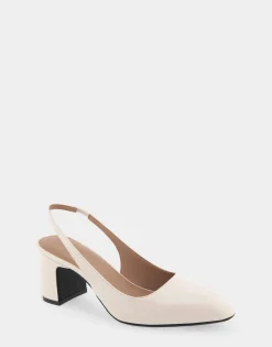 Comfortable Women's Slingback Mid-heel Pump in Eggnog Patent Faux Leather