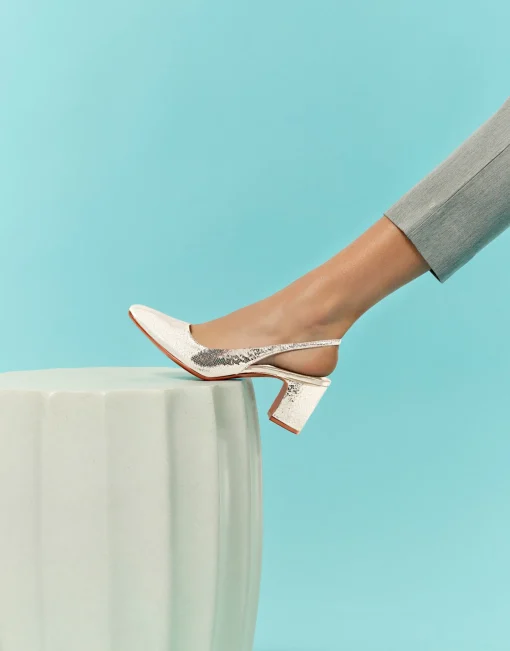Comfortable Women's Slingback Mid-heel Pump in Platino Leather