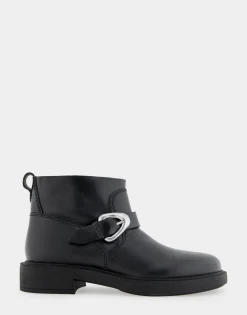 Comfortable Women's Slip On Short Engineer Bootie in Black Burnished Leather Leather