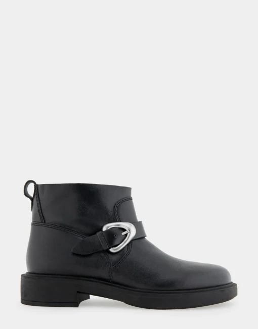 Comfortable Women's Slip On Short Engineer Bootie in Black Burnished Leather Leather
