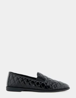 Comfortable Women's Slip On Double Gore Loafer in Black Quilted Patent Faux Leather Faux Leather