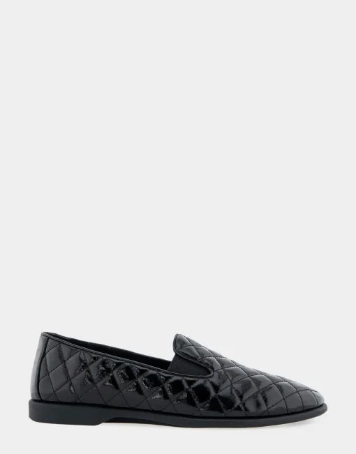 Comfortable Women's Slip On Double Gore Loafer in Black Quilted Patent Faux Leather Faux Leather
