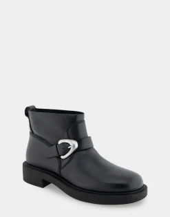 Comfortable Women's Slip On Short Engineer Bootie in Black Burnished Leather Leather