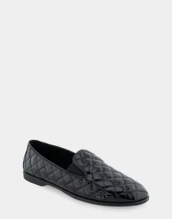 Comfortable Women's Slip On Double Gore Loafer in Black Quilted Patent Faux Leather Faux Leather