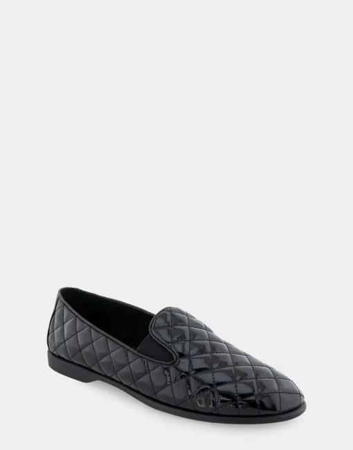Comfortable Women's Slip On Double Gore Loafer in Black Quilted Patent Faux Leather Faux Leather