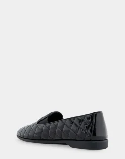 Comfortable Women's Slip On Double Gore Loafer in Black Quilted Patent Faux Leather Faux Leather
