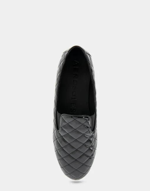 Comfortable Women's Slip On Double Gore Loafer in Black Quilted Patent Faux Leather Faux Leather