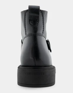Comfortable Women's Slip On Short Engineer Bootie in Black Burnished Leather Leather