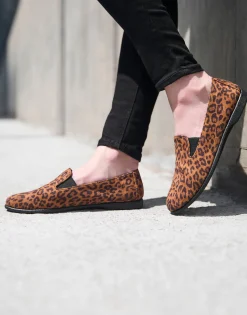 Comfortable Women's Slip On Double Gore Loafer in Leopard Faux Suede Faux Suede