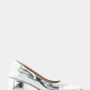 Comfortable Women's Soft Square Toe Block Heel Pump in Silver Mirror Metallic Faux Leather Faux Leather