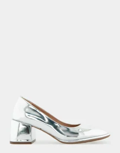 Comfortable Women's Soft Square Toe Block Heel Pump in Silver Mirror Metallic Faux Leather Faux Leather