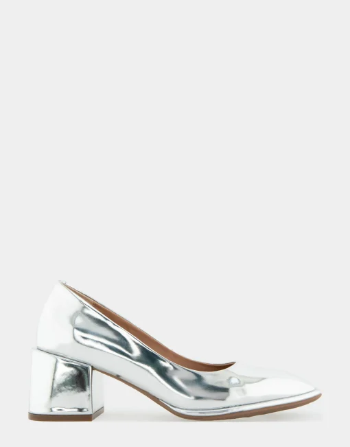 Comfortable Women's Soft Square Toe Block Heel Pump in Silver Mirror Metallic Faux Leather Faux Leather