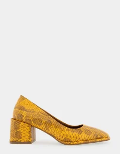 Comfortable Women's Soft Square Toe Block Heel Pump in Marigold Snake Print Leather Leather