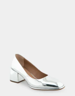 Comfortable Women's Soft Square Toe Block Heel Pump in Silver Mirror Metallic Faux Leather Faux Leather