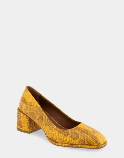 Comfortable Women's Soft Square Toe Block Heel Pump in Marigold Snake Print Leather Leather