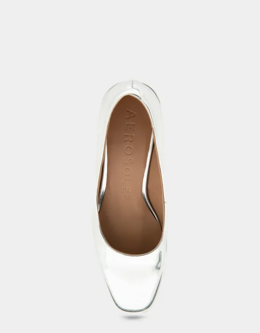 Comfortable Women's Soft Square Toe Block Heel Pump in Silver Mirror Metallic Faux Leather Faux Leather