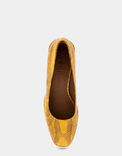 Comfortable Women's Soft Square Toe Block Heel Pump in Marigold Snake Print Leather Leather