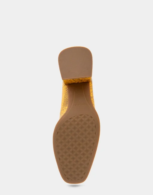Comfortable Women's Soft Square Toe Block Heel Pump in Marigold Snake Print Leather Leather