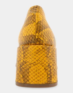 Comfortable Women's Soft Square Toe Block Heel Pump in Marigold Snake Print Leather Leather