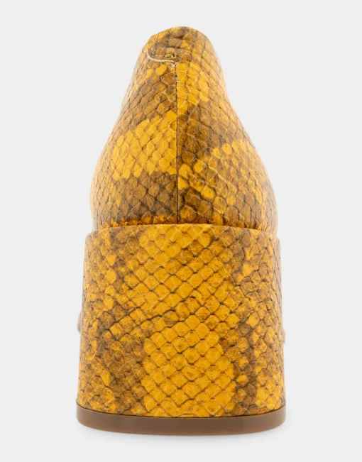 Comfortable Women's Soft Square Toe Block Heel Pump in Marigold Snake Print Leather Leather