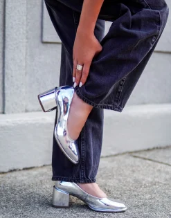 Comfortable Women's Soft Square Toe Block Heel Pump in Silver Mirror Metallic Faux Leather Faux Leather