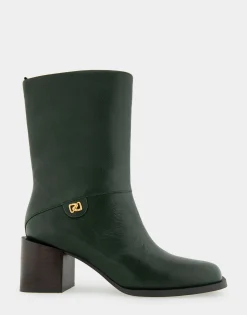 Comfortable Women's Square Toe Slip On Block Heel Mid Calf Bootie in Fir Green Leather Leather