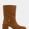 Comfortable Women's Square Toe Slip On Block Heel Mid Calf Bootie in Tobacco Suede Suede