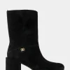 Comfortable Women's Square Toe Slip On Block Heel Mid Calf Bootie in Black Suede Suede