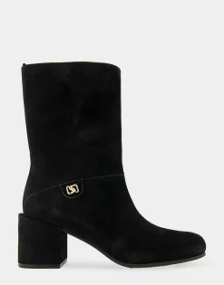 Comfortable Women's Square Toe Slip On Block Heel Mid Calf Bootie in Black Suede Suede
