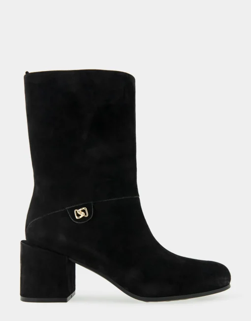 Comfortable Women's Square Toe Slip On Block Heel Mid Calf Bootie in Black Suede Suede
