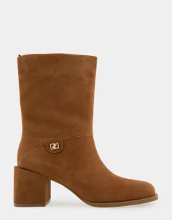 Comfortable Women's Square Toe Slip On Block Heel Mid Calf Bootie in Tobacco Suede Suede
