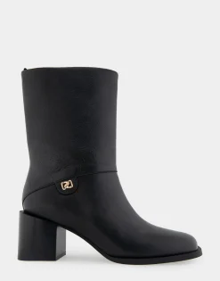 Comfortable Women's Square Toe Slip On Block Heel Mid Calf Bootie in Black Leather Leather