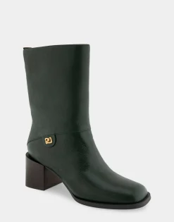 Comfortable Women's Square Toe Slip On Block Heel Mid Calf Bootie in Fir Green Leather Leather