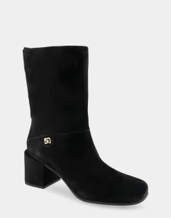 Comfortable Women's Square Toe Slip On Block Heel Mid Calf Bootie in Black Suede Suede