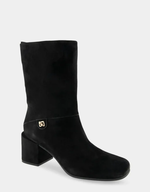 Comfortable Women's Square Toe Slip On Block Heel Mid Calf Bootie in Black Suede Suede