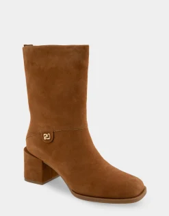 Comfortable Women's Square Toe Slip On Block Heel Mid Calf Bootie in Tobacco Suede Suede