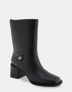 Comfortable Women's Square Toe Slip On Block Heel Mid Calf Bootie in Black Leather Leather