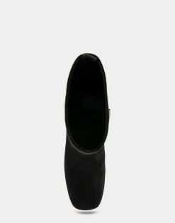 Comfortable Women's Square Toe Slip On Block Heel Mid Calf Bootie in Black Suede Suede