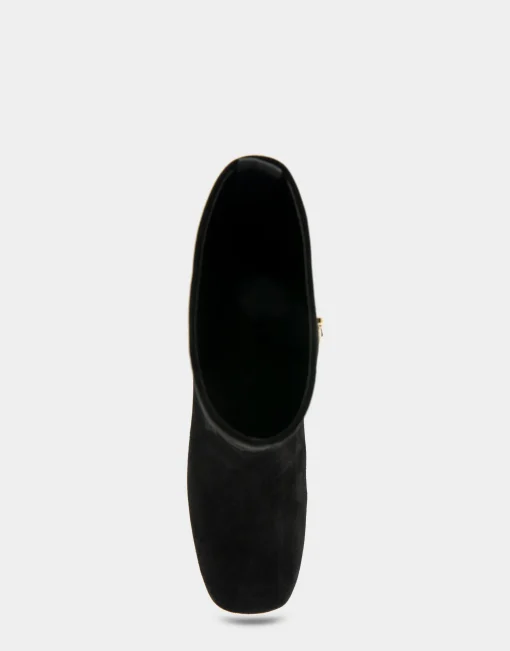 Comfortable Women's Square Toe Slip On Block Heel Mid Calf Bootie in Black Suede Suede