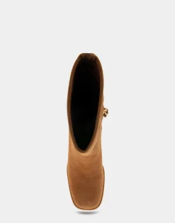 Comfortable Women's Square Toe Slip On Block Heel Mid Calf Bootie in Tobacco Suede Suede