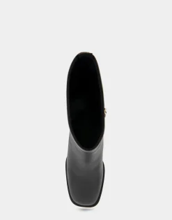Comfortable Women's Square Toe Slip On Block Heel Mid Calf Bootie in Black Leather Leather