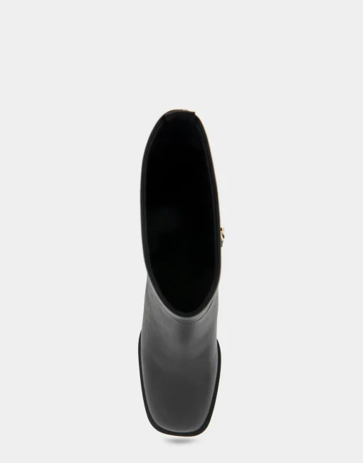 Comfortable Women's Square Toe Slip On Block Heel Mid Calf Bootie in Black Leather Leather