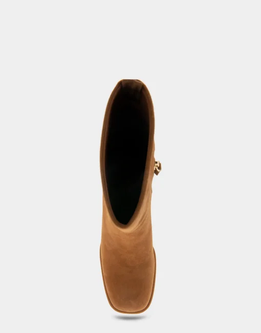 Comfortable Women's Square Toe Slip On Block Heel Mid Calf Bootie in Tobacco Suede Suede