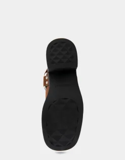 Comfortable Women's Squared Toe Harness Detail Mule in Tobacco Suede