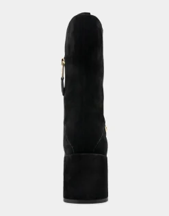 Comfortable Women's Square Toe Slip On Block Heel Mid Calf Bootie in Black Suede Suede