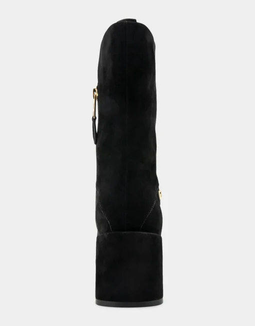 Comfortable Women's Square Toe Slip On Block Heel Mid Calf Bootie in Black Suede Suede