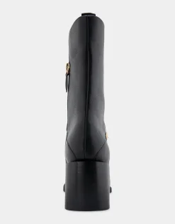 Comfortable Women's Square Toe Slip On Block Heel Mid Calf Bootie in Black Leather Leather