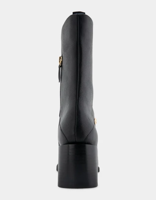 Comfortable Women's Square Toe Slip On Block Heel Mid Calf Bootie in Black Leather Leather